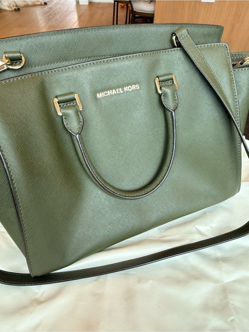 MICHAEL KORS Olive Green Saffiano Leather Satchel with Gold Hardware
